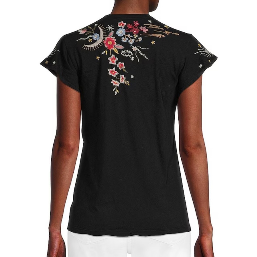 Johnny Was Black V-Neck Lissa Short Sleeve Top with Multicolor Floral Embroidery - Picture 2 of 9